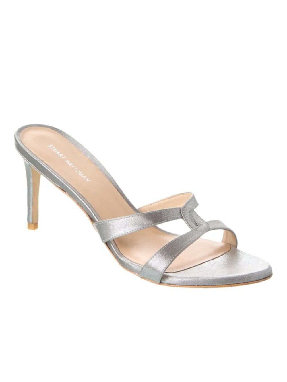 New Stuart Weitzman Soiree Sleek 75 Satin Sandal Silver Sz 9.5
